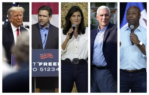 This combination of 2023 photos shows, from left, former President Donald Trump, Florida Gov. Ron DeSantis, former U.N. Ambassador Nikki Haley, former Vice President Mike Pence and South Carolina Sen. Tim Scott. “There is a segment of the white evangelical populace, they’re looking for a way to distance themselves with the deal with the devil they made in 2016" in supporting Trump, said the Rev. Joel Bowman Sr. of Louisville, Kentucky, who was among several Black pastors who left the SBC in 