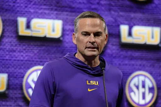 LSU NCAA college basketball head coach Matt McMahon speaks during Southeastern Conference Media Days, Wednesday, Oct. 18, 2023, in Birmingham, Ala. (AP Photo/Mike Stewart)