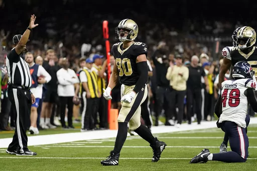 New Orleans Saints tight end Jimmy Graham (80) celebrates after catching a pass in the first half of a preseason NFL football game against the Houston Texans, Sunday, Aug. 27, 2023, in New Orleans. (AP Photo/Gerald Herbert)