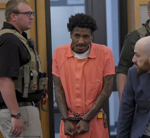 Kentrell Gaulden, also known as NBA YoungBoy, arrives for a hearing in 1st District Court, Thursday, May 9, 2024, in Logan, Utah. Gaulden, who has been charged with multiple felonies in relation to a fraudulent prescription operation, waived his right to a preliminary hearing and bail was set at $100,000. (Eli Lucero/The Herald Journal via AP)