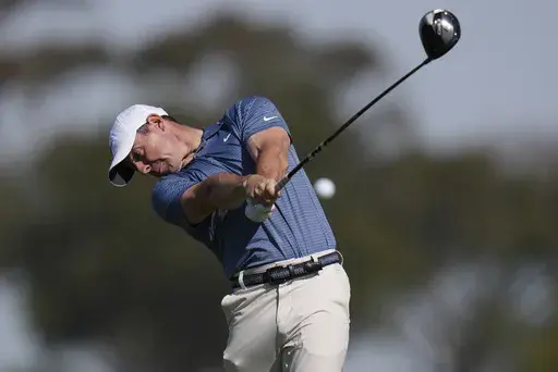 Rory McIlroy, of Northern Ireland, hits off the second tee of the South Course at Torrey Pines during the final round of the Genesis Invitational golf tournament Sunday, Feb. 16, 2025, in San Diego. (AP Photo/Gregory Bull)