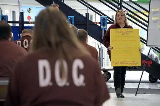 Prison psychological specialist Christine Ransom, right, leads a group session for inmates, Dec. 14, 2023, in the Neurodevelopmental Residential Treatment Unit at Pennsylvania's State Correctional Institution in Albion, Pa. The prison unit is helping men with autism and their intellectual and developmental disabilities stay safe behind bars while learning life skills. The unit is the first in the state and one of only a handful nationwide. (AP Photo/Gene J. Puskar)