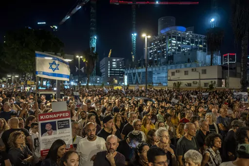 People demonstrate alongside relatives of people kidnapped during the Oct. 7 Hamas cross-border attack in Israel, during a protest calling for the return of the hostages, in Tel Aviv, Israel, Saturday, Nov. 4, 2023. At a time when world sentiment has begun to sour on Israel's devastating airstrikes in Gaza, the vast majority of Israelis, across the political spectrum, are convinced of the justice of the war. (AP Photo/Bernat Armangue, File)
