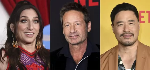 Chelsea Peretti appears at the premiere of "Sing 2" in Los Angeles on Dec. 12, 2021, left, David Duchovny appears at the premiere of Netflix's "You People" in Los Angeles on Jan. 17, 2023, center, and Randall Park appears at special screening of "Blockbuster" in Los Angeles on Oct. 27, 2022. Films directed by Peretti, Duchovny and Park will premiere at the 22nd Tribeca Film Festival, which is running June 7-18. (AP Photo)