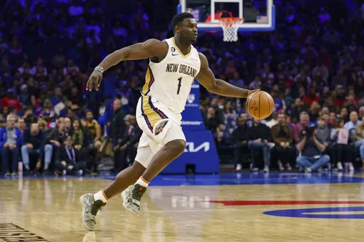 New Orleans Pelicans' Zion Williamson drives with the ball during the NBA basketball team's game against the Philadelphia 76ers on Jan. 2, 2023, in Philadelphia. Williamson, his stepfather and his mother allegedly have failed to pay back $1.8 million of a $2 million loan from a California-based technology company. In a civil lawsuit filed this week in U.S. District Court in New Orleans, Ankr PBC stated that it made the loan in September 2021 to Williamson and family members while in the midst of