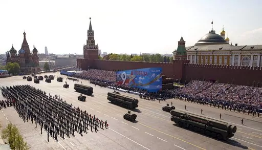 Russian military vehicles roll down Red Square Red Square during a rehearsal for the Victory Day military parade in Moscow, Russia, on May 7, 2019. Some in the West think Russian President Vladimir Putin may use the Victory Day on May 9 when Russia celebrates the defeat of Nazi Germany in World War II to officially declare that war is underway in Ukraine and announce a mobilization _ the claim rejected by the Kremlin. (AP Photo/Alexander Zemlianichenko, Pool, File)