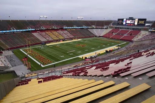 Jack Trice Stadium is viewed before an NCAA college football game between Iowa State and West Virginia, Nov. 5, 2022, in Ames, Iowa. Iowa State University said it is aware of online sports wagering allegations involving approximately 15 of its athletes from the sports of football, wrestling and track & field in violation of NCAA rules. (AP Photo/Charlie Neibergall, File)
