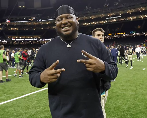 New Orleans Saints center Cesar Ruiz reacts after an NFL preseason football game against the Houston Texans Aug. 27, 2023, in New Orleans. The Saints have signed starting guard and 2020 first-round draft choice Ruiz to a four-year extension. (AP Photo/Tyler Kaufman, File)