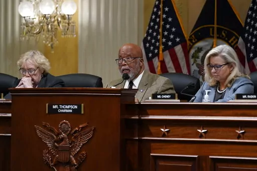 Chairman Bennie Thompson, D-Miss., center, flanked by Rep. Zoe Lofgren, D-Calif., left, and Vice Chair Liz Cheney, R-Wyo., makes a statement as the House committee investigating the Jan. 6 attack on the U.S. Capitol convenes in Washington, March 28, 2022. The House committee investigating the Jan. 6 insurrection at the Capitol will go public with its findings in a hearing next week, launching into what lawmakers hope will be one the most consequential oversight efforts in American history. (AP P