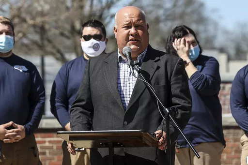 Smiths Station Mayor Bubba Copeland speaks during the Wednesday, March 3, 2019, tornado remembrance ceremony at Courthouse Square in downtown Opelika, Ala. (Sara Palczewski/Opelika-Auburn News via AP)