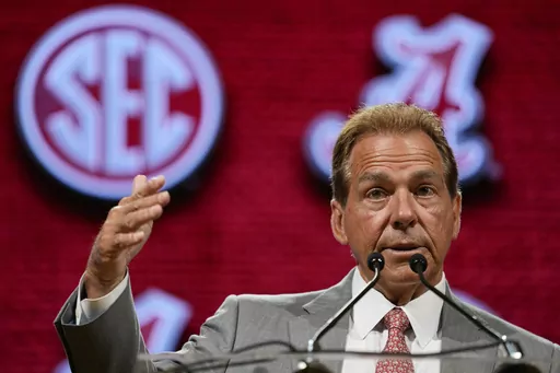 Alabama head coach Nick Saban speaks during NCAA college football Southeastern Conference Media Days, Wednesday, July 19, 2023, in Nashville, Tenn. Nick Saban, the stern coach who won seven national championships and turned Alabama back into a national powerhouse that included six of those titles in just 17 seasons, is retiring, according to multiple reports, Wednesday, Jan. 10, 2024. (AP Photo/George Walker IV, File)