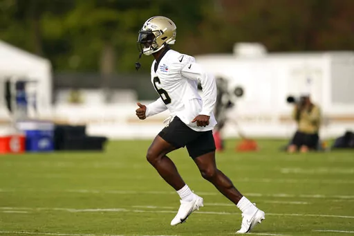 New Orleans Saints safety Marcus Maye (6) runs through drills during training camp at their NFL football training facility in Metairie, La., on July 30, 2022. Maye was arrested Thursday, Sept. 1, in what authorities termed a “road rage incident". He was booked with one count of aggravated assault with a firearm. (AP Photo/Gerald Herbert, File)