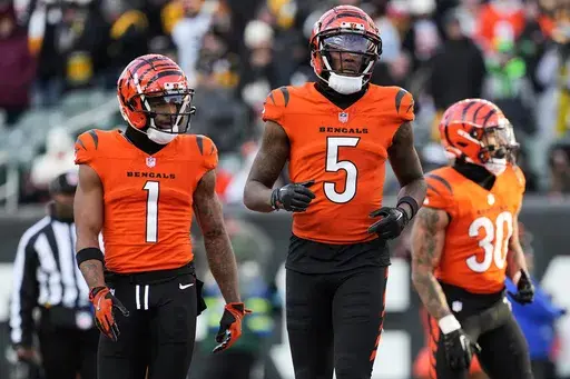 Cincinnati Bengals wide receiver Ja'Marr Chase, left, and wide receiver Tee Higgins, center, line up for a play during the second half of an NFL football game against the Pittsburgh Steelers, Sunday, Dec. 1, 2024, in Cincinnati. (AP Photo/Kareem Elgazzar, File)
