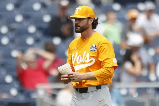 Tennessee head coach Tony Vitello pictured before an NCAA College World Series baseball game against Florida State on Wednesday, June 19, 2024, in Omaha, Neb. (AP Photo/Mike Buscher, File)