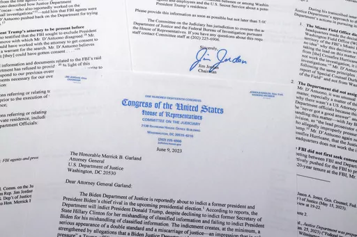 A letter that House Judiciary Committee Chairman Jim Jordan, of Ohio, wrote on June 9, 2023, to Attorney General Merrick Garland is photographed in Frederick, Md. Former President Donald Trump’s indictment on charges of mishandling classified documents is set to play out in federal court in Florida. But thousands of miles away in Washington, part of Trump’s defense is well underway in a different venue — the halls of Congress, where Republicans have been preparing for months to wage an agg