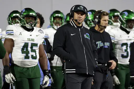 Tulane head coach Jon Sumrall looks on during the second half of the American Athletic Conference championship NCAA college football game against Army Friday, Dec. 6, 2024, in West Point, N.Y. Army won 35-14. (AP Photo/Adam Hunger)