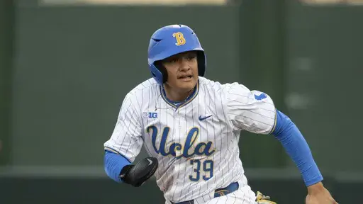 UCLA's Mulivai Levu (39) runs during an NCAA baseball game against BYU on Feb. 18, 2025, in Los Angeles. (AP Photo/Kyusung Gong, File)