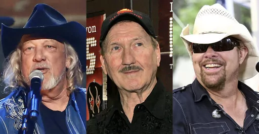 John Anderson performs at "Sing me Back Home: The Music of Merle Haggard" in Nashville, Tenn., on April 6, 2017, left, James Burton appears in Vienna, on Jan. 8, 2009, center, and Toby Keith performs on NBC's "Today" show in New York on July 5, 2019. The three country musicians became the newest members to join the Country Music Hall of Fame. (AP Photo)