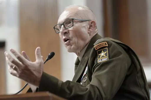 Army Lt. Gen. Randy George testifies during the Senate Armed Services Committee hearing to examine his nomination to be reappointment to the grade of general and to be Chief of Staff of the Army, Wednesday, July 12, 2023, on Capitol Hill in Washington. (AP Photo/Mariam Zuhaib)