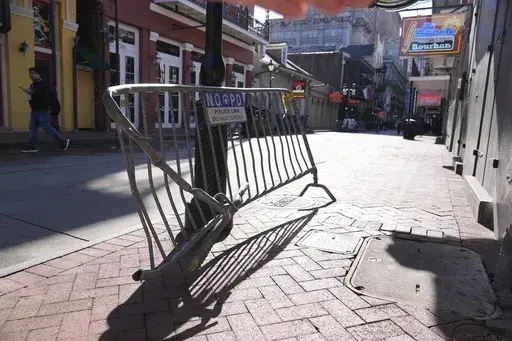 The barricade that Shamsud-Din Jabbar hit with his truck while driving into a crowd on New Year's Day is seen on Bourbon Street, Thursday, Jan. 2, 2025, in New Orleans. (AP Photo/George Walker IV, File)