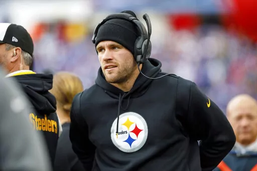 Pittsburgh Steelers linebacker T.J. Watt (90) looks on before an NFL football game, Sunday, Oct. 9, 2022, in Orchard Park, NY. Watt returned to practice this week after tearing his left pectoral in Week 1 against Cincinnati and didn't rule out playing on Sunday, Oct. 30, in Philadelphia. (AP Photo/Matt Durisko, File)
