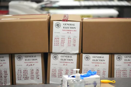 Ballots from the general election are boxed up at the Maricopa County Recorders Office in Phoenix, Monday, Nov. 14, 2022. On Friday, Dec. 9, The Associated Press reported on stories circulating online incorrectly claiming uncounted ballots that got mixed with counted ballots at voting sites in Arizona’s Maricopa County were not included in the final midterm election results. (AP Photo/Ross D. Franklin, File)