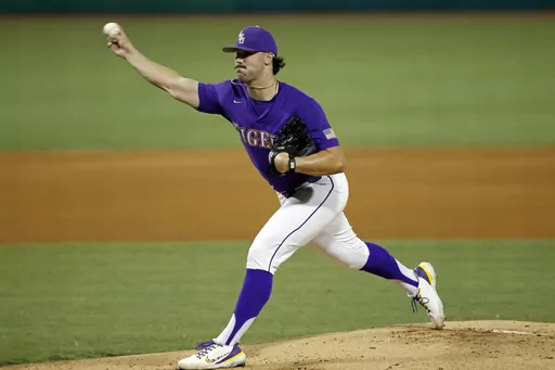 LSU pitcher Paul Skenes (20) throws to a Kentucky batter during the first inning of an NCAA college baseball super regional game in Baton Rouge, La., Saturday, June 10, 2023. (AP Photo/Tyler Kaufman)