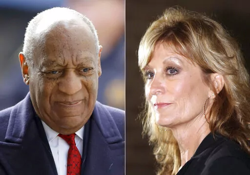 Bill Cosby arrives for his sexual assault trial in Norristown, Pa. on April 20, 2018, left, and Judy Huth appears at a press conference outside the Los Angeles Police Department's Wilshire Division station in Los Angeles on Dec. 5, 2014. Eleven months after he was freed from prison, Cosby, 85, will again be the defendant in a sexual assault proceeding, this time a civil case in California. Huth, who is now 64, alleges that in 1975 when she was 16, Cosby sexually assaulted her at the Playboy Mans