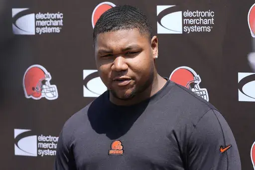 Mike Hall Jr., talks with reporters before a Cleveland Browns NFL football rookie minicamp, May 10, 2024, in Berea, Ohio. (AP Photo/Sue Ogrocki, File)