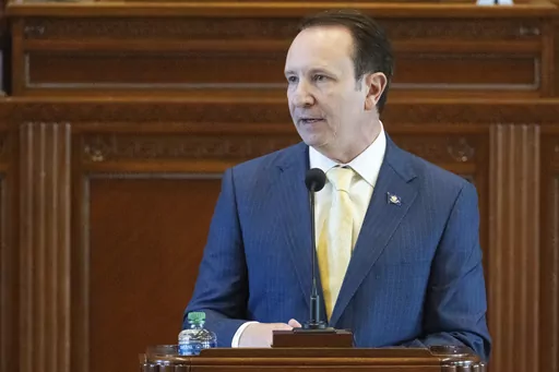 Louisiana Gov. Jeff Landry addresses members of the House and Senate on opening day of a legislative special session focusing on crime, Monday, Feb. 19, 2024, in the House Chamber at the State Capitol in Baton Rouge, La. (Hilary Scheinuk/The Advocate via AP)