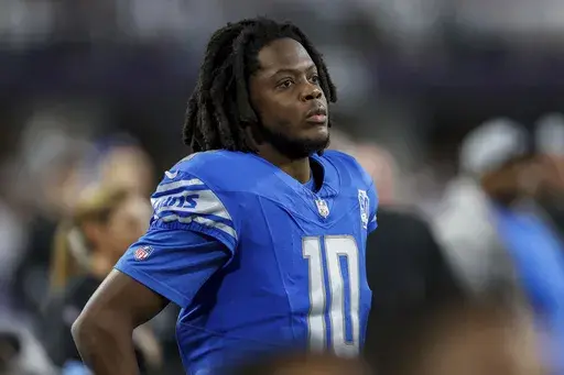 Detroit Lions quarterback Teddy Bridgewater (10) is seen on the sideline during the second half of an NFL football game against the Minnesota Vikings, Dec. 24, 2023 in Minneapolis. (AP Photo/Stacy Bengs, File)