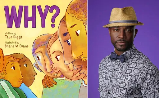 This combination photo shows cover art for "Why" a children's book written by Taye Diggs and illustrated by Shane W. Evans, left and a portrait of Diggs during the 2018 Television Critics Association Summer Press Tour, on Aug. 6, 2018, in Beverly Hills, Calif. (Feiwel & Friends via AP)