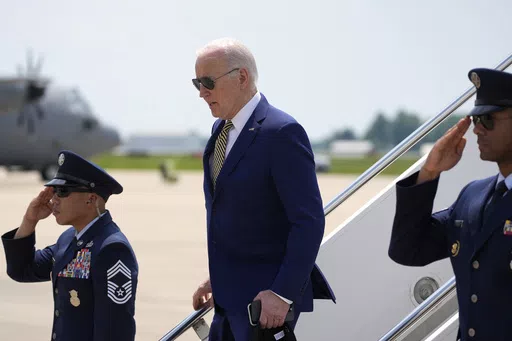 President Joe Biden arrives on Air Force One at Delaware Air National Guard Base in New Castle, Del., Saturday, May 25, 2024. (AP Photo/Alex Brandon)