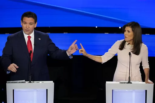 Former UN Ambassador Nikki Haley, right and Florida Gov. Ron DeSantis, left, pointing at each other during the CNN Republican presidential debate at Drake University in Des Moines, Iowa, Jan. 10, 2024. As Republican primary voters prepare to cast ballots for who they believe should lead the U.S. into its future, leading candidates are struggling to discuss key elements of the nation’s past. DeSantis, Haley and former President Donald Trump have all raised eyebrows with rhetoric on the Civil Wa