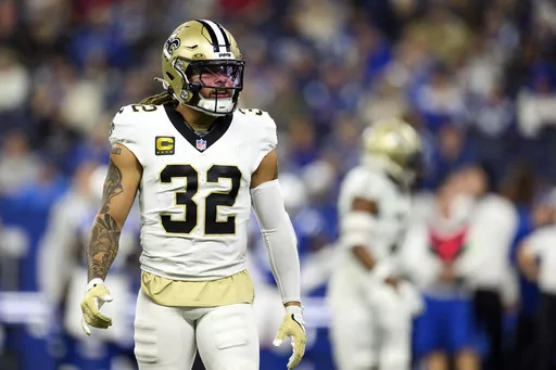 New Orleans Saints safety Tyrann Mathieu (32) looks to the sidelines during an NFL football game against the Indianapolis Colts, Sunday, Oct. 29, 2023, in Indianapolis. New Orleans Saints safety Tyrann Mathieu has agreed to a new two-year, contract that runs through the 2025 season. (AP Photo/Zach Bolinger, File)