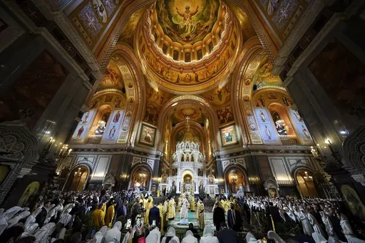 Russian Orthodox Patriarch Kirill, center, delivers the Christmas service in the Christ the Saviour Cathedral in Moscow, Russia, Friday, Jan. 6, 2023. While much of the world has Christmas in the rearview mirror by now, people in some Eastern Orthodox traditions will celebrating the holy day on Sunday. Jan. 7, 2024. (AP Photo/Alexander Zemlianichenko, Pool, File)