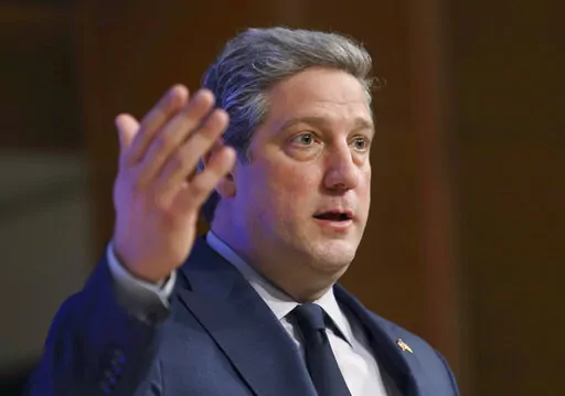 FILE—In this file photo from March 28, 2022, U.S. Senate Democratic candidate Rep. Tim Ryan, D-Ohio, in Ohio's U.S. Senate Democratic Primary talks to reporters after after a debate, in Wilberforce, Ohio. Democratic U.S. Rep. Tim Ryan and Trump-endorsed Republican and "Hillbilly Elegy" author JD Vance are scheduled to participate Monday, Oct. 10, 2022 in Cleveland for the first of two scheduled debates in their race to succeed retiring Republican Sen. Rob Portman in Ohio. (Joshua A. Bickel/The