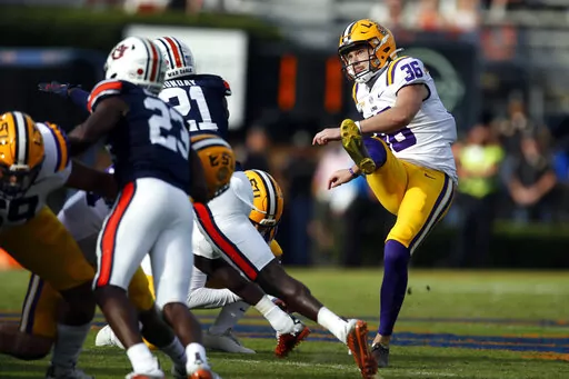 LSU kicker Cade York (36) boots a field goal during the second quarter of an NCAA college football game against Auburn, on Oct. 31, 2020, in Auburn, Ala. The Cleveland Browns selected York in the fourth round (124th overall) of the NFL draft. (AP Photo/Butch Dill, File)