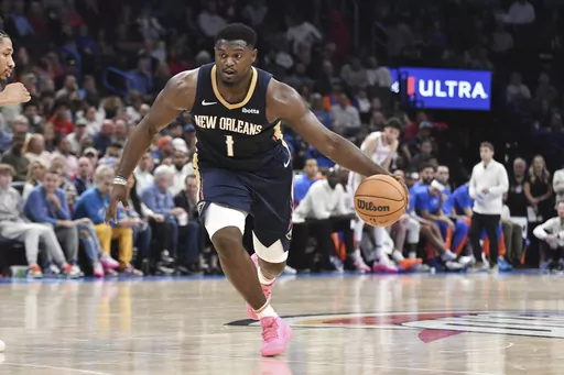 New Orleans Pelicans forward Zion Williamson pushes down the court the second half of an NBA basketball game against the Oklahoma City Thunder, Wednesday, Nov. 1, 2023, in Oklahoma City. (AP Photo/Kyle Phillips)