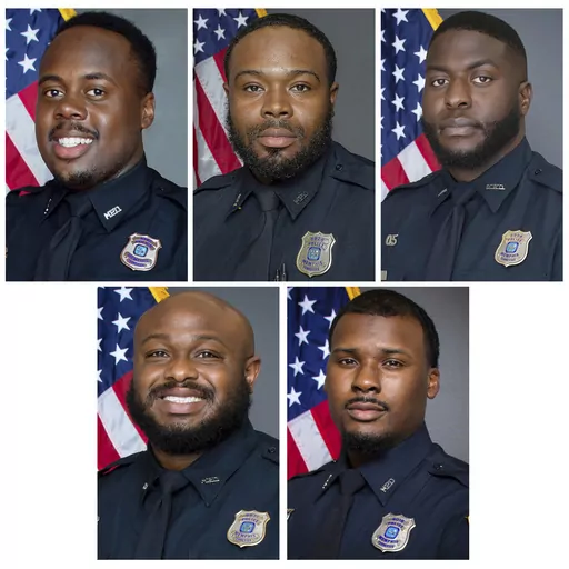 This combo of images provided by the Memphis, Tenn., Police Department shows, top row from left, officers Tadarrius Bean, Demetrius Haley, Emmitt Martin III, and bottom row from left, Desmond Mills Jr. and Justin Smith. The five former Memphis police officers are now facing federal civil rights charges in the beating death of Tyre Nichols as they continue to fight second-degree murder charges in state courts arising from the killing. They were indicted Tuesday, Sept. 12, 2023, in U.S. District C