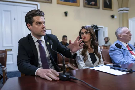 From left, Rep. Matt Gaetz, R-Fla., Rep. Lauren Boebert, R-Colo., and Rep. Scott Perry, R-Pa., propose amendments to the Department of Homeland Security Appropriations Bill before the House Rules Committee, at the Capitol in Washington, Friday, Sept. 22, 2023. (AP Photo/J. Scott Applewhite, File)