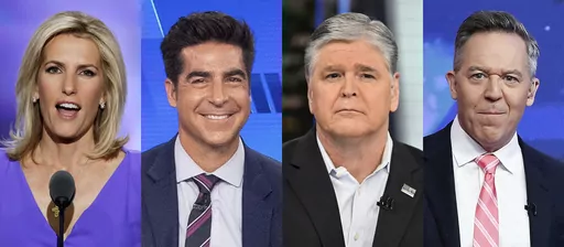 This combination of photos show Fox News commentators Laura Ingraham, from left, Jesse Watters, Sean Hannity and Greg Gutfeld. Watters will host an opinion show in the time slot formerly occupied by Tucker Carlson, Fox News Channel announced Monday. “Jesse Watters Primetime" will begin at 8 p.m. Eastern on July 17 as part of a revamped weekly nighttime lineup on Fox News. Laura Ingraham's show will air at 7 p.m., with Sean Hannity's popular show remaining at 9 p.m. Greg Gutfeld's late-night sh