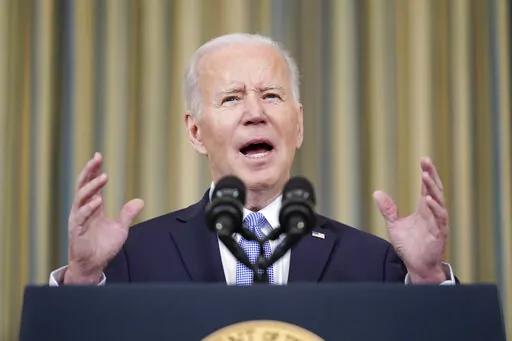 President Joe Biden speaks in the State Dining Room of the White House on April 1, 2022, in Washington. Biden has the same authority to impose a COVID-19 vaccine requirement on federal workers that private employers have for their employees, an administration lawyer told a federal appeals court Tuesday, Sept. 13, 2022. (AP Photo/Patrick Semansky, File)