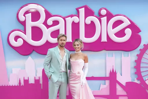 Ryan Gosling, left, and Margot Robbie pose for photographers upon arrival at the premiere of the film 'Barbie' on July 12, 2023, in London. (Scott Garfitt/Invision/AP, File)