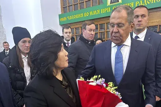 CORRECTS SOURCE - In this photo released by Russian Foreign Ministry Spokeswoman Maria Zakharova on Telegram messaging app on Friday, Nov. 1, 2024, Russian Foreign Minister Sergey Lavrov, right, speaks with North Korean Foreign Minister Choe Son Hui, front left, in Moscow, Russia. (Russian Foreign Ministry Spokeswoman Maria Zakharova via AP)