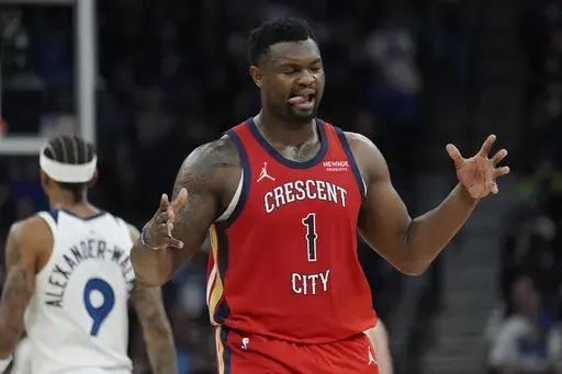 New Orleans Pelicans forward Zion Williamson (1) reacts during the first half of an NBA basketball game against the Minnesota Timberwolves, Wednesday, March 19, 2025, in Minneapolis. (AP Photo/Abbie Parr)