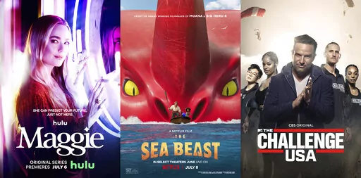This combination of photos shows promotional art for the Hulu series "Maggie," left, the Netflix animated film "The Sea Beast," center, and the new reality competition series "The Challenge USA" on CBS. (Hulu/Netflix/CBS via AP)
