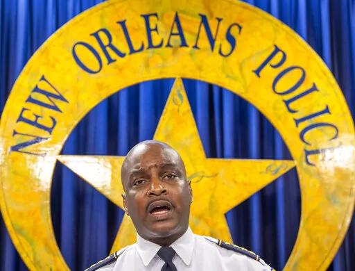 New Orleans Police Supt. Shaun Ferguson addresses the recent uptick in crime during a news conference on Jan. 19, 2022, in New Orleans. Ferguson announced his retirement Tuesday, Dec. 6, 2022, after four years punctuated by a disastrous building collapse at the edge of the French Quarter, two hurricanes, a pandemic, dwindling police manpower and a violent crime surge that put residents on edge and turned up political pressure on city leaders. (Chris Granger/The Times-Picayune/The New Orleans Adv