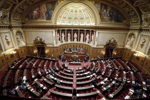 This Thursday, Dec. 11, 2014 file photo shows a general view of France's Senate prior to a vote on the recognition of a Palestinian state, Paris. France's Senate is to vote on Wednesday on a bill meant to enshrine a woman's right to an abortion in the French Constitution, a measure promised by President Emmanuel Macron following a rollback on rulings in the United States. (AP Photo/Francois Mori, File)