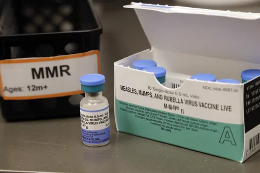 A dose of the measles, mumps and rubella vaccine is displayed at the Neighborcare Health clinics at Vashon Island High School in Vashon Island, Wash., on May 15, 2019. In a statement on Friday July 14, 2023, Britain’s Health Security Agency said that measles vaccination rates in parts of London have dropped so low that the capital could see tens of thousands of cases of the rash-causing disease unless immunization coverage is quickly boosted. (AP Photo/Elaine Thompson, File)